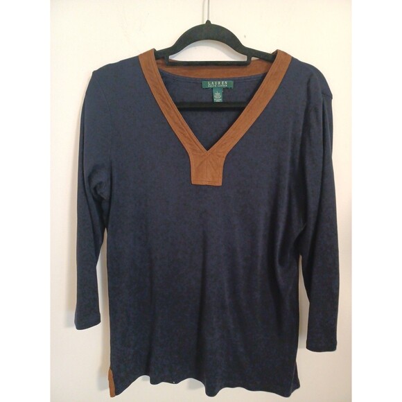 Lauren Ralph Lauren Faux Suede Trim Tunic Large Navy Blue Long Sleeve Preppy - Picture 1 of 7